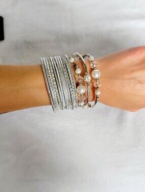 Silver Pearl & Crystal Bracelet Lot/Stack - 13